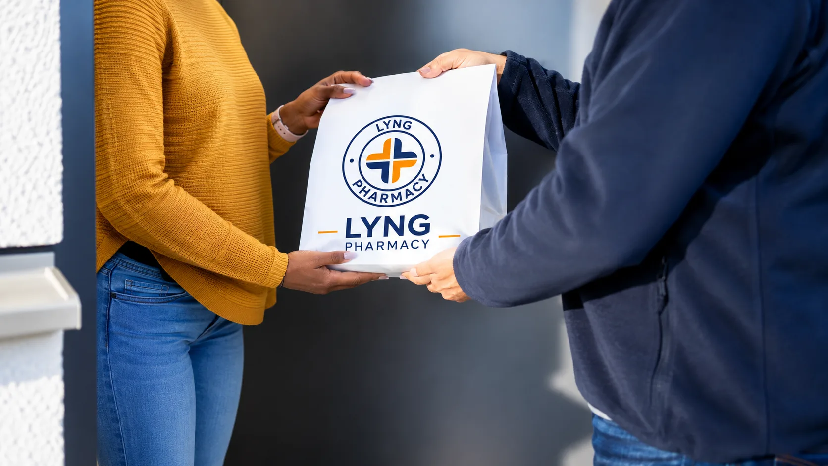 Lyng Pharmacy delivery bag handed over at a patient’s door