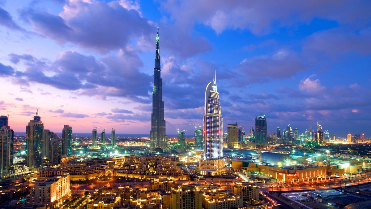 The Dubai skyline at dusk