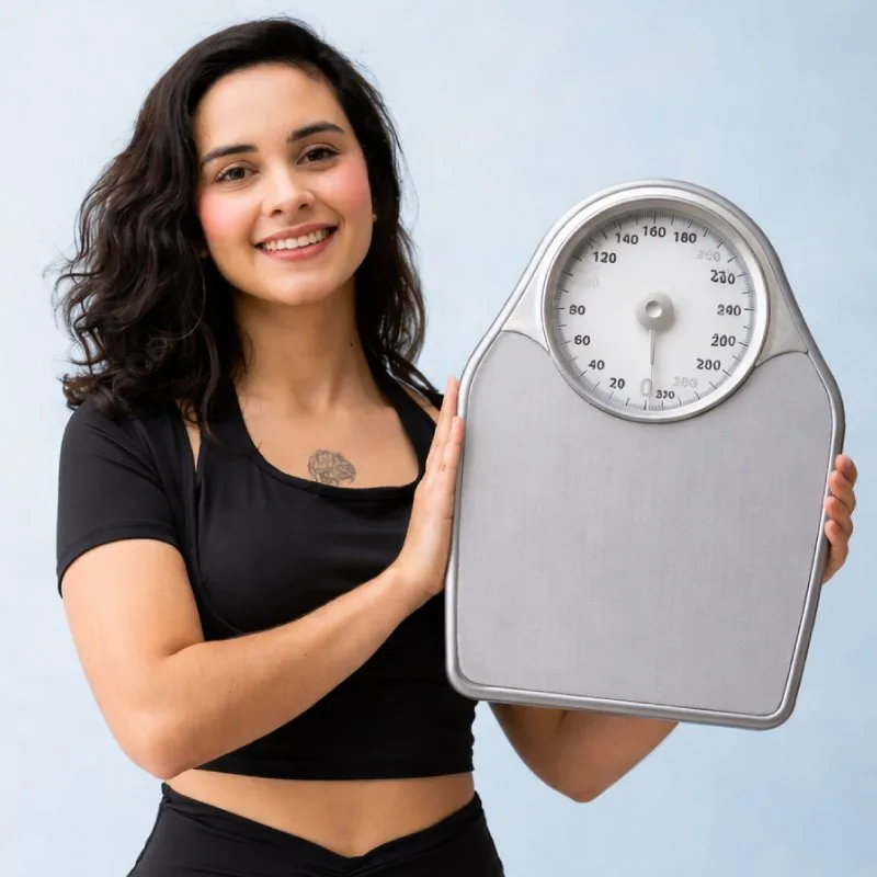Woman holding a set of bathroom scales